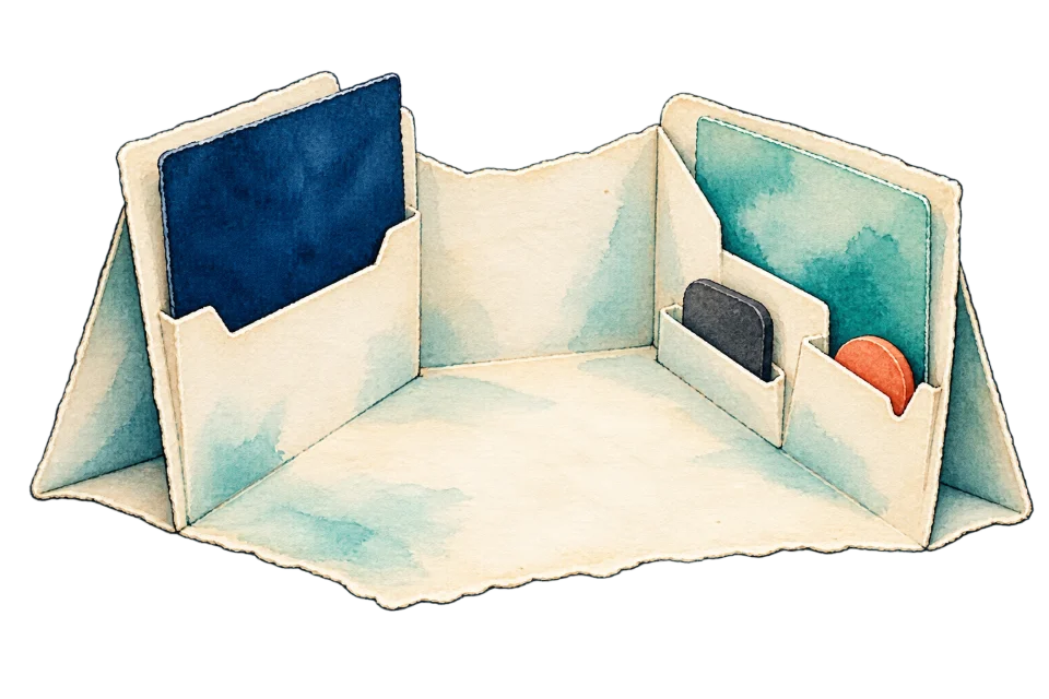 An open paper folio forms a small freestanding workspace, holding varied pieces in a clear structure.