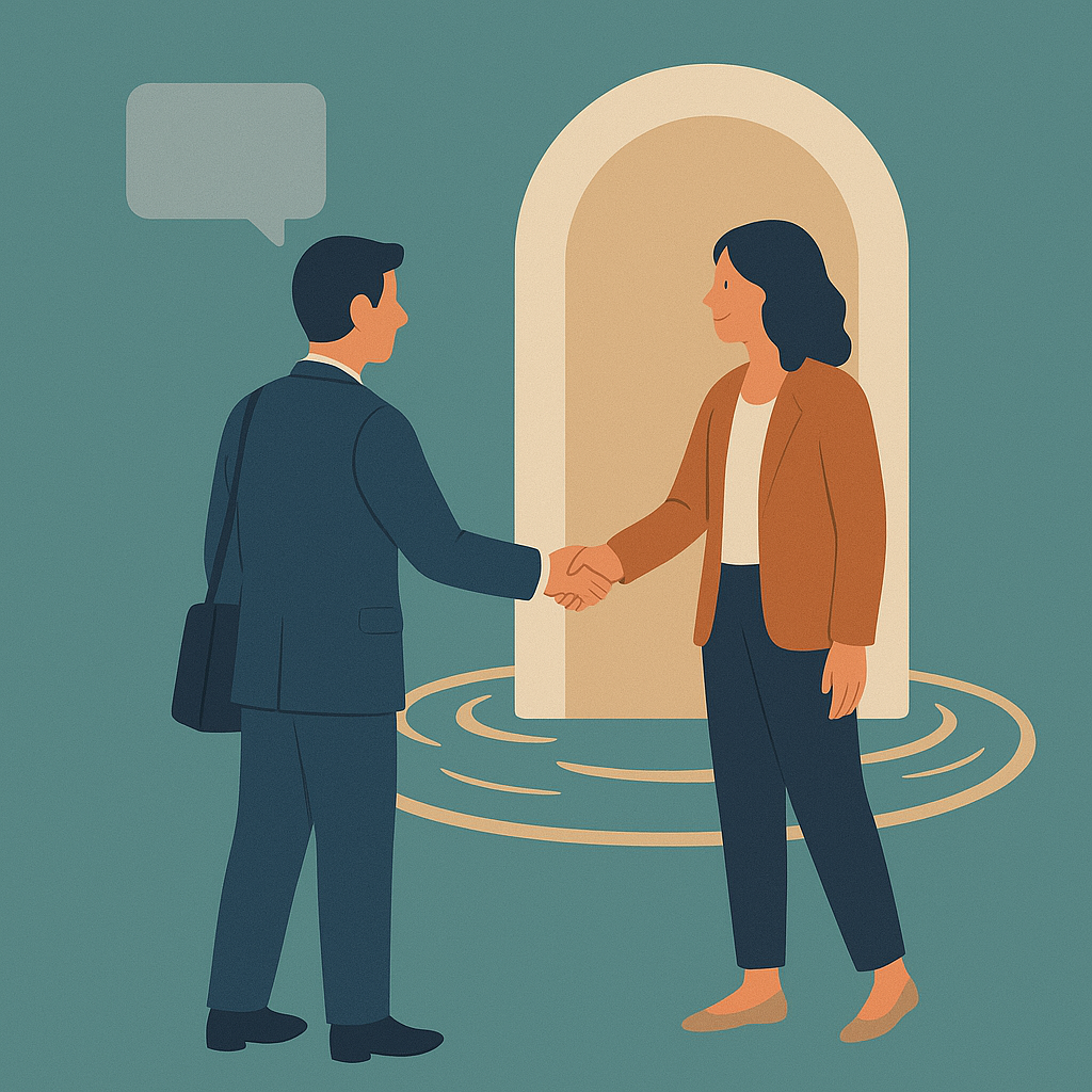 Networking infront of an open door surrounded by a moat