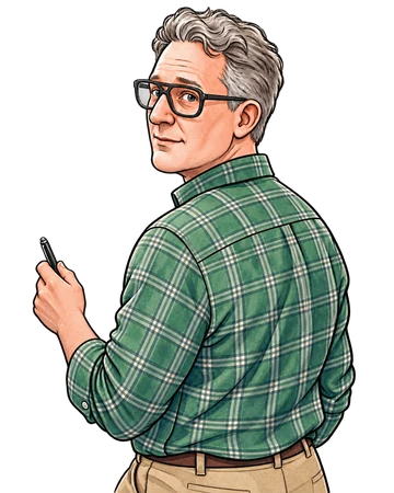 Illustrated portrait of Richard Smith looking back over his shoulder.
