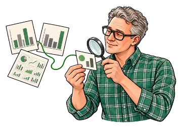 Richard examines several charts with a magnifying glass.